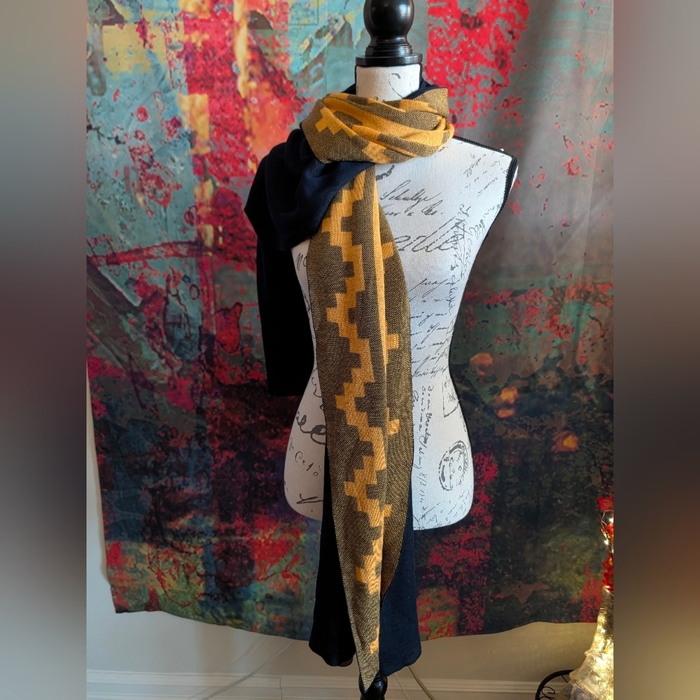 Issey Miyake Pleats Please Navy & Orange Geometric Print Shawl/Wrap/Scarf - Picture 10 of 11